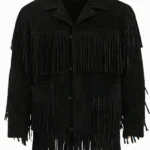 all-black suede western jacket with full fringe overlay and button front