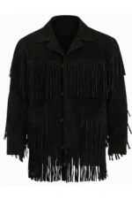 all-black suede western jacket with full fringe overlay and button front