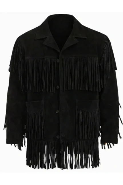 all-black suede western jacket with full fringe overlay and button front