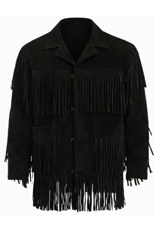 all-black suede western jacket with full fringe overlay and button front