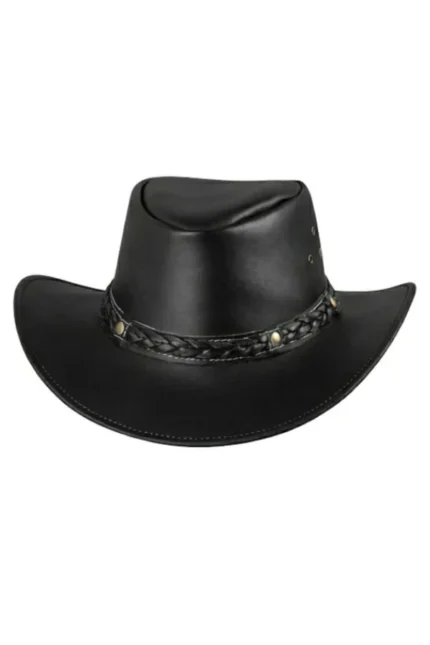 black leather cowboy hat with braided band and classic western finish