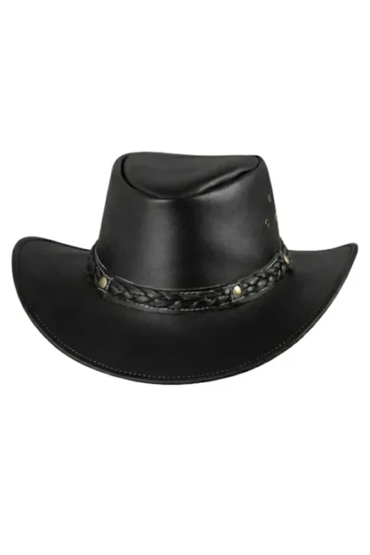 black leather cowboy hat with braided band and classic western finish