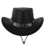 black leather cowboy hat with concho band and adjustable chin strap