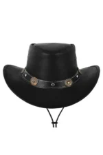 black leather cowboy hat with concho band and adjustable chin strap