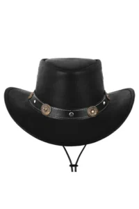 black leather cowboy hat with concho band and adjustable chin strap