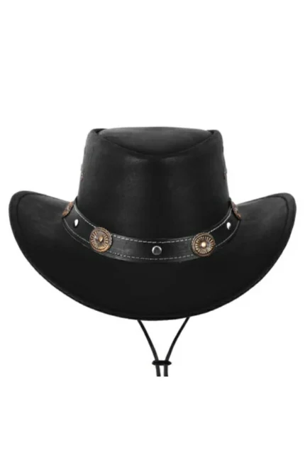 black leather cowboy hat with concho band and adjustable chin strap