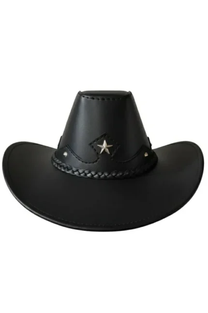 black leather cowboy hat with star concho and braided western band