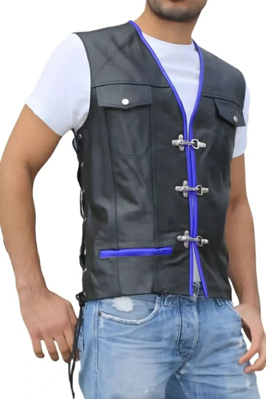 black-leather-vest-with-blue-trim-and-hook-closures
