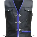 black leather vest with blue trim and hook closures