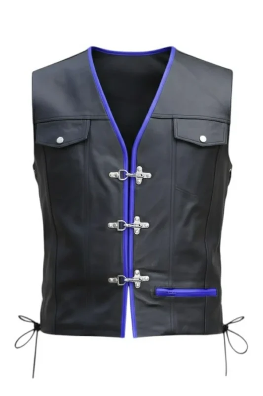 black leather vest with blue trim and hook closures