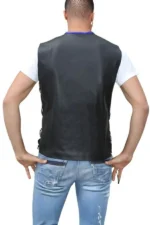 black-leather-vest-with-blue-trim-and-hook-closures-back-view