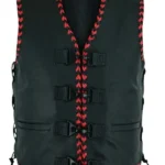 black leather vest with red braided trim and buckle closures