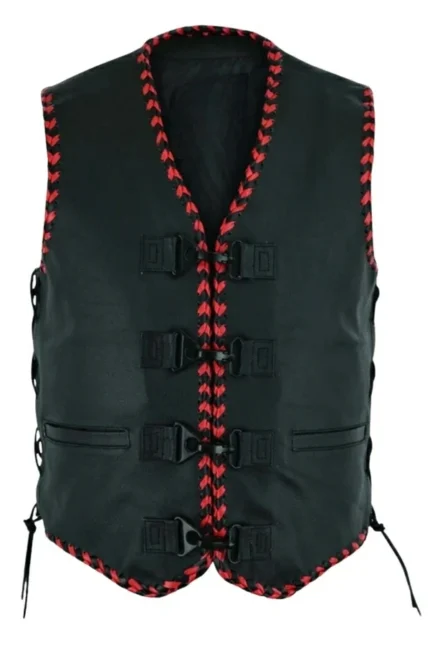 black leather vest with red braided trim and buckle closures