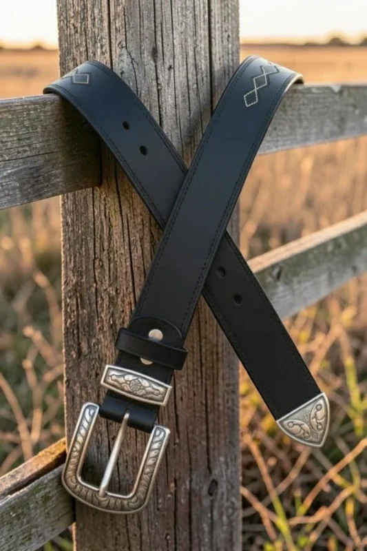 black leather western belt with engraved buckle and decorative tip