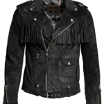 black suede fringe biker jacket with asymmetrical zip and utility pockets