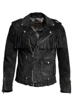 black suede fringe biker jacket with asymmetrical zip and utility pockets