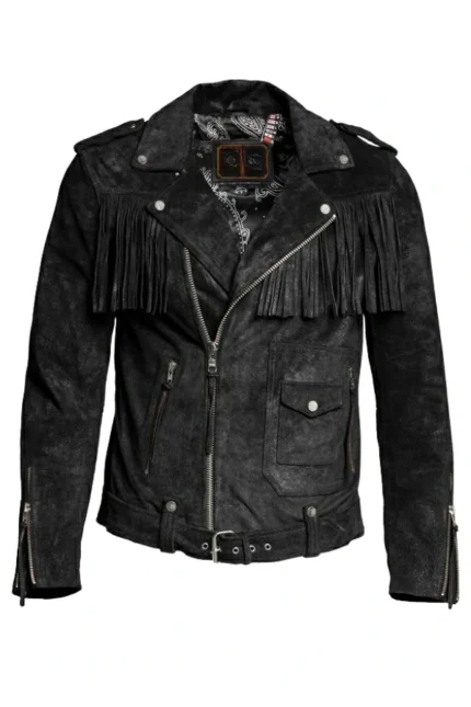 black suede fringe biker jacket with asymmetrical zip and utility pockets