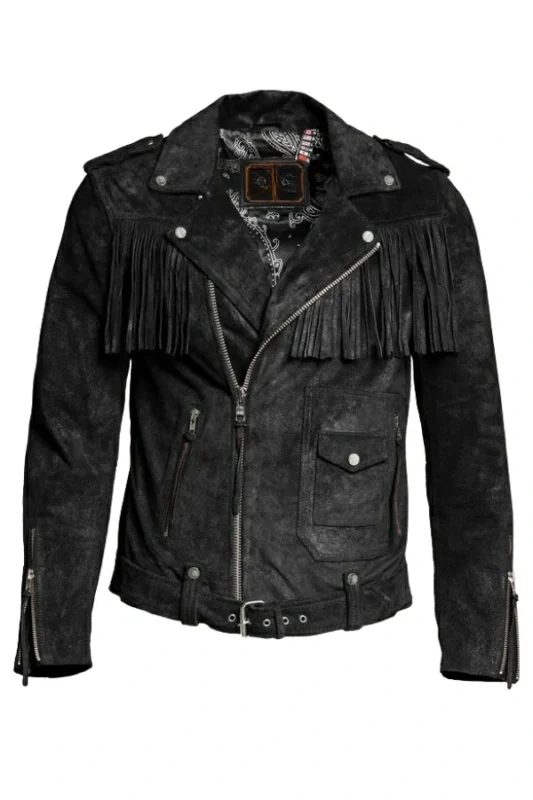 black suede fringe biker jacket with asymmetrical zip and utility pockets