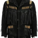 black suede western jacket with beaded accents and statement fringe panels