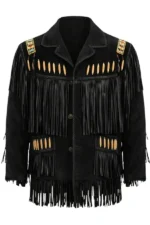 black suede western jacket with beaded accents and statement fringe panels