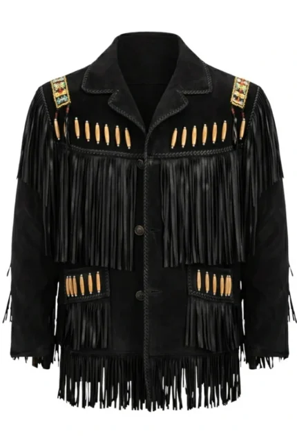 black suede western jacket with beaded accents and statement fringe panels
