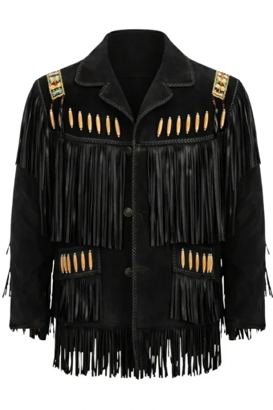 black suede western jacket with beaded accents and statement fringe panels