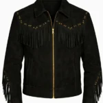 black suede western jacket with gold zip and studded fringe yoke