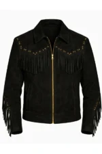 black suede western jacket with gold zip and studded fringe yoke