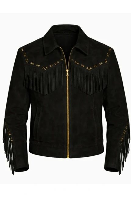 black suede western jacket with gold zip and studded fringe yoke
