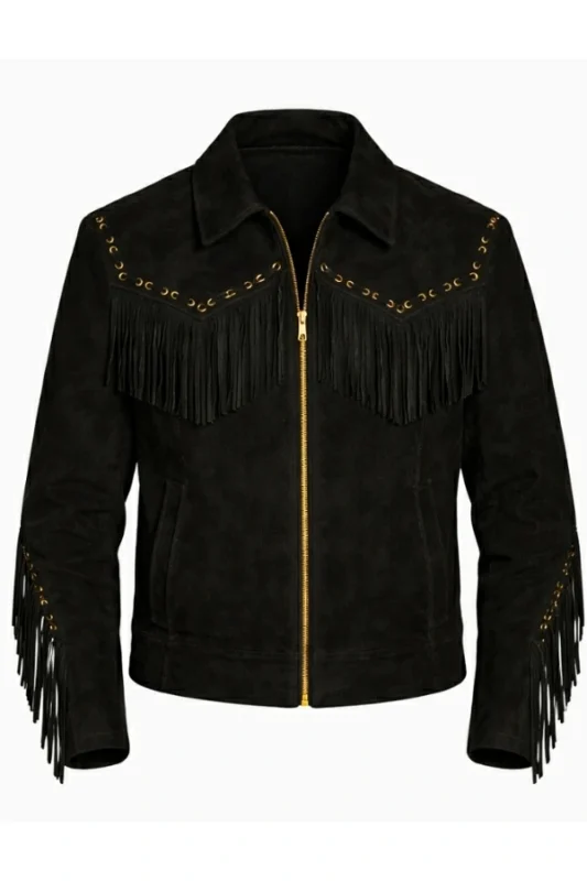 black suede western jacket with gold zip and studded fringe yoke