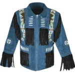 blue suede western jacket with tribal panels bone accents and fringe detailing