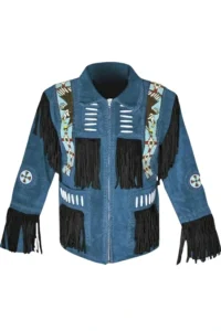 blue suede western jacket with tribal panels bone accents and fringe detailing