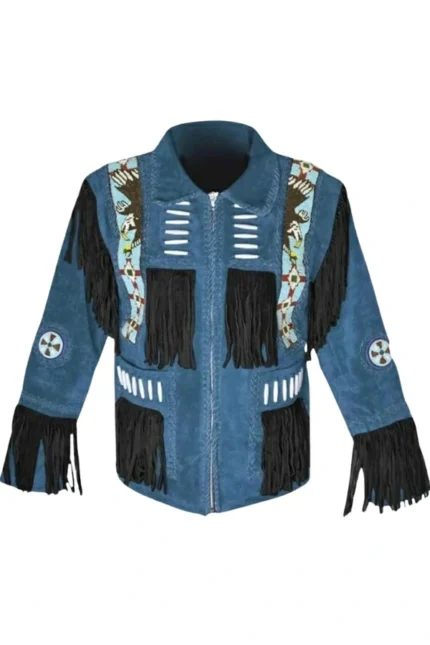blue suede western jacket with tribal panels bone accents and fringe detailing