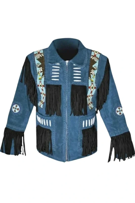 blue suede western jacket with tribal panels bone accents and fringe detailing