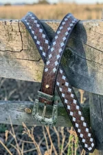 brown inlay western leather belt with geometric pattern and engraved buckle