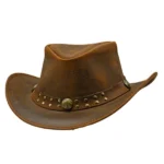 brown leather cowboy hat with studded band and concho accent detail