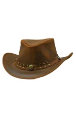 brown leather cowboy hat with studded band and concho accent detail