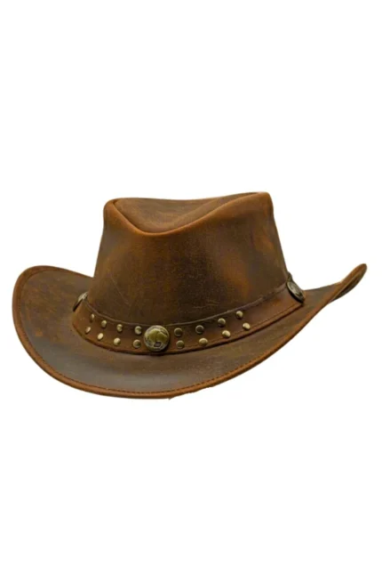 brown leather cowboy hat with studded band and concho accent detail
