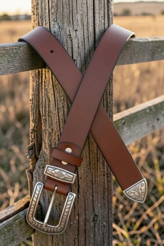 brown western leather belt with engraved buckle and decorative tip