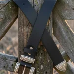 classic black western leather belt with engraved buckle and tip detail