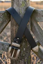 classic black western leather belt with engraved buckle and tip detail