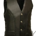 classic braided panel black leather vest with snap button closure