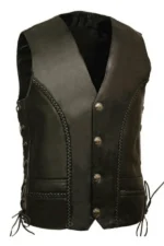 classic braided panel black leather vest with snap button closure