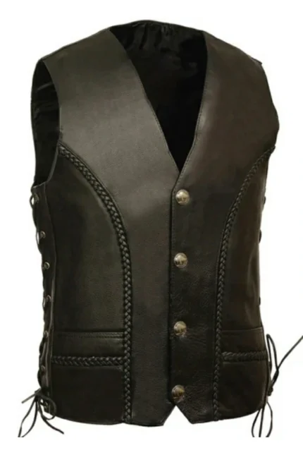 classic braided panel black leather vest with snap button closure