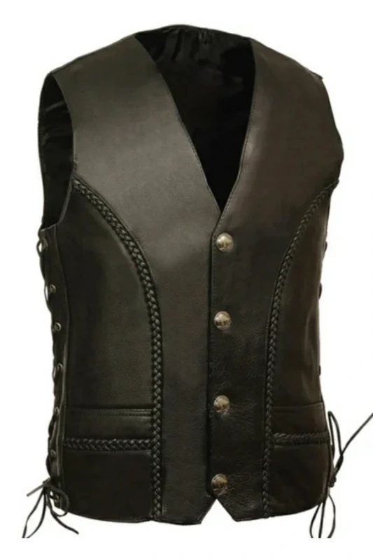 classic braided panel black leather vest with snap button closure