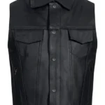 classic collared black leather vest with snap button closure