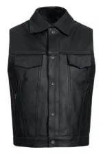 classic collared black leather vest with snap button closure