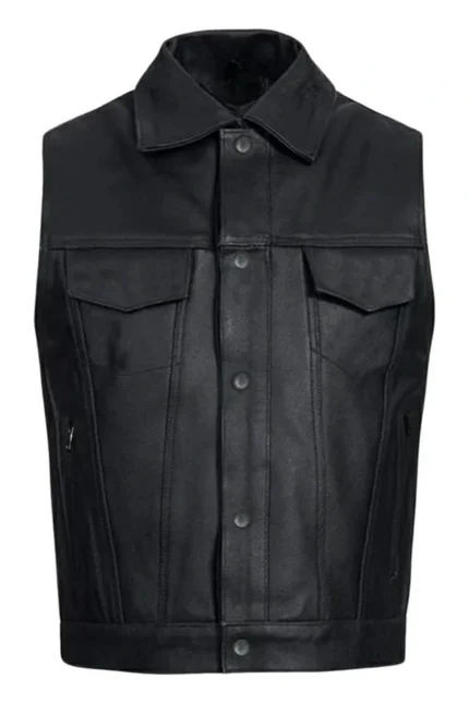 classic collared black leather vest with snap button closure