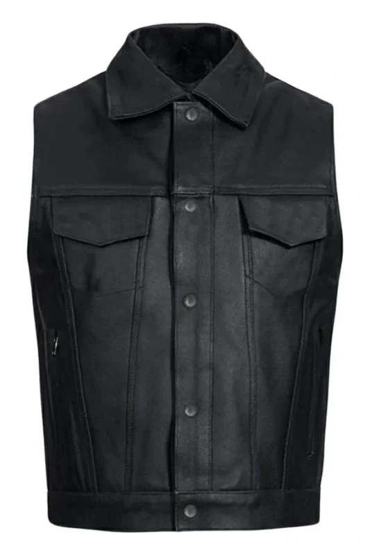 classic collared black leather vest with snap button closure