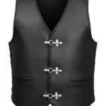 classic minimalist black leather vest with hook closures